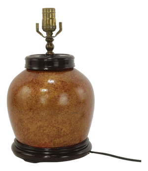 A Red Vintage Ceramic Table Lamp With a Unique Brown and Gold Speckled Glaze.