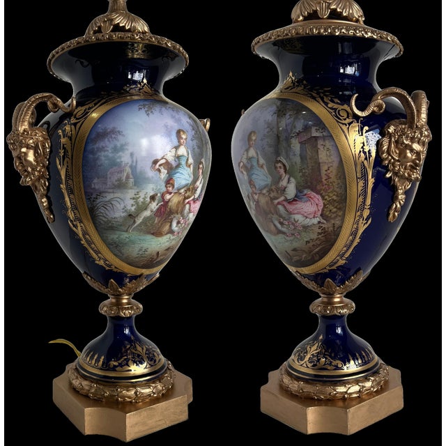 Antique Sevres Style Bronze Ormolu Têtes De Satyres Cobalt Blue Porcelain Table Lamp For Sale - Image 14 of 18