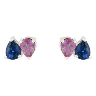 Toi Et Moi Pear-Cut Blue Sapphire & Pink Sapphire Stud Earrings in 18k Gold- 2 Pieces For Sale