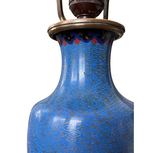 Antique 19th Century Chinese Cloisonné Vase Lamp With Cherry Blossoms & Swallows on Cobalt Blue Ground, 18" For Sale - Image 9 of 15