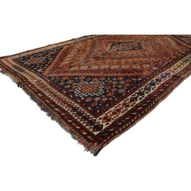 Antique Persian Shiraz Rug with Mid-Century Modern Tribal Style 05'04 x 08'04. With its rustic sensibility and tribal...