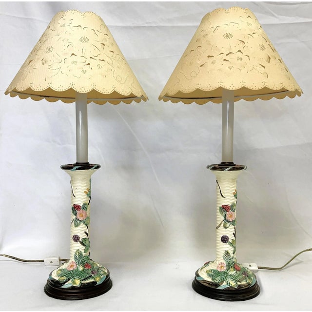 Vintage Italian Ceramic Majolica Candlestick Lamps With Pierced Paper Lampshades- Set of 2 For Sale In West Palm - Image 6 of 12