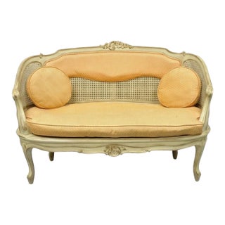 Mid 20th Century Vintage French Louis XV Victorian Style Small Cream Painted Settee Loveseat Sofa For Sale