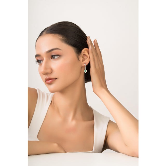 Geometric Style Oval Emerald & Diamond Halo Drop Earrings in 14k Yellow Gold- A Pair For Sale In New York - Image 6 of 13