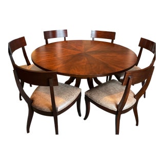 Ethan Allen Round Dining Table With Extension to Oval and 8 Leather Seated Chairs - Set of 11 For Sale