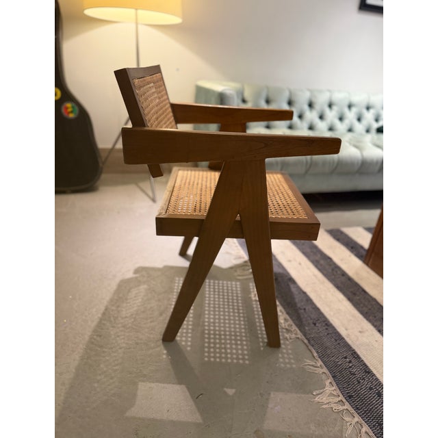 Chestnut Vintage Teak & Cane Chandigarh-Style Armchair, Pierre Jeanneret Style For Sale - Image 8 of 14