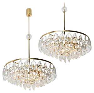 Gilded Brass and Faceted Crystal Chandeliers by Palwa, 1960s, Set of 2