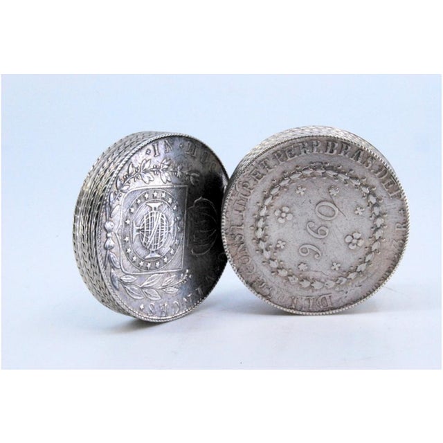 Silver Pill Box with Coin Appliqués and Removable Lid For Sale - Image 6 of 10