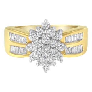 10K Yellow Gold 1.0 Cttw Round & Baguette Cut Diamond Floral Cluster Double-Channel Flared Band Statement Ring - Size 7-1/2 For Sale