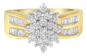 10K Yellow Gold 1.0 Cttw Round & Baguette Cut Diamond Floral Cluster Double-Channel Flared Band Statement Ring - Size 7-1/2