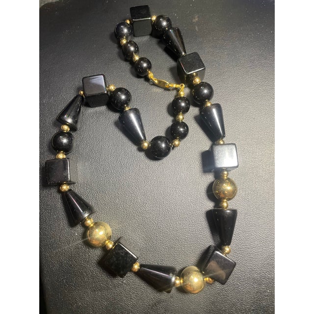Trifari 1980s Trifari Demi-Parure (Matching Necklace and Pierceless/Post Hoop Earring Set) Showcasing Bold Geometric Art Deco Revival Styling. For Sale - Image 4 of 7