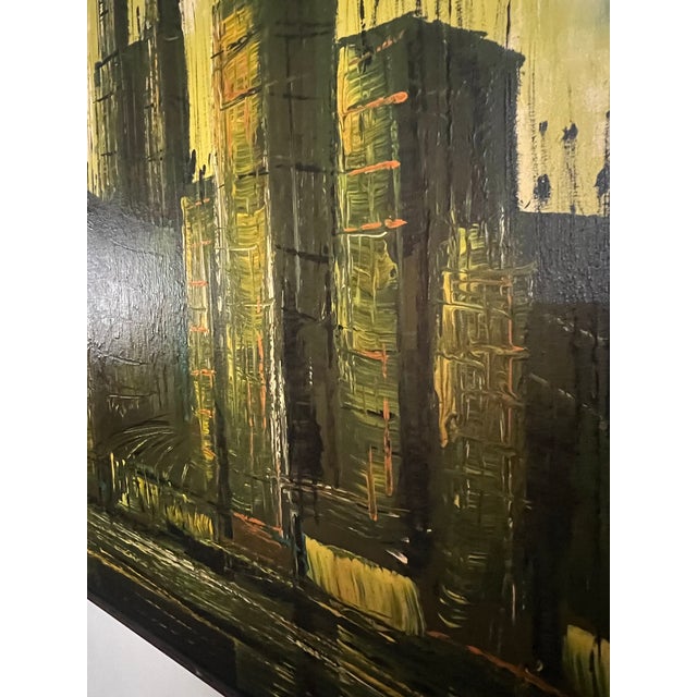 Textile Vintage Lee Reynolds Cityscape Painting Mid Century Modern | Abstract Yellow Green Impasto Oil Canvas MCM Wall Art | Vanguard Studios Signed For Sale - Image 7 of 9
