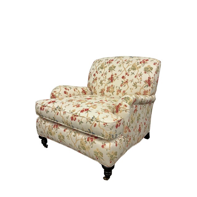 Pair of Lee Industries Floral Upholstered Lounge Chairs With Brass Casters For Sale In Charlotte - Image 6 of 12