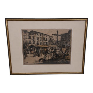 Antique Armand Coussens (b.1881-1935) Color Etching French Market Scene For Sale