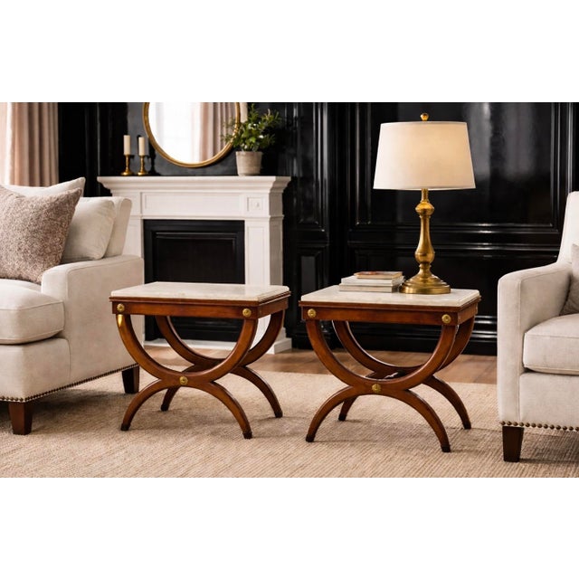 Mid-Century Neo-Classical Klismos Style Walnut & Marble Side Tables or Stools - Pair For Sale In Atlanta - Image 6 of 7