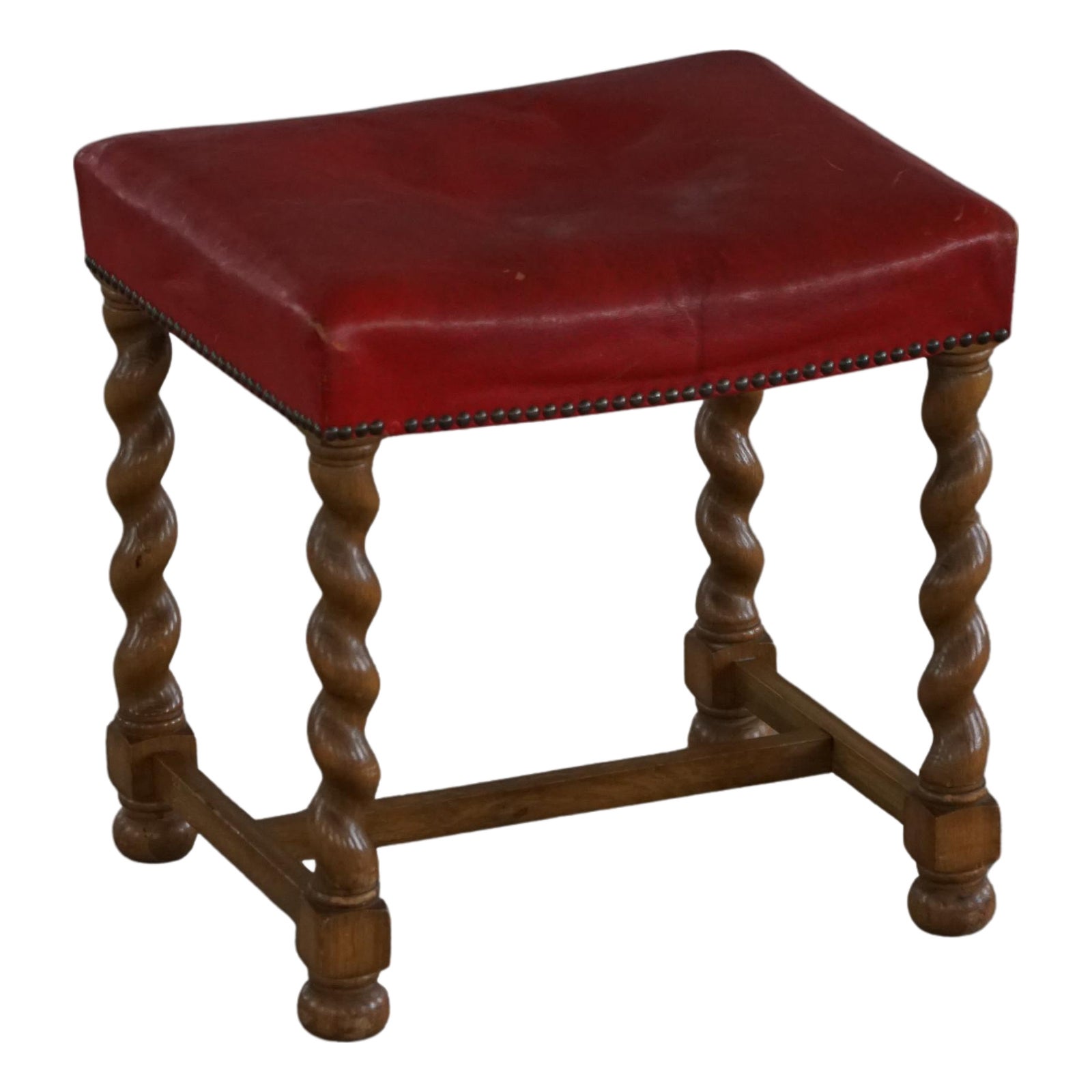 Vintage Danish Oak Barley Twist Stool with Red Leather Seat, 1930s ...