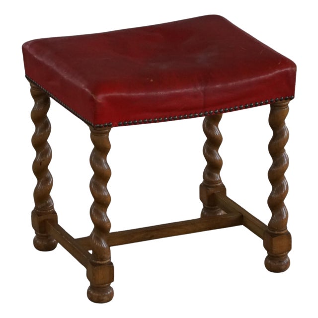 Vintage Danish Oak Barley Twist Stool with Red Leather Seat, 1930s For Sale