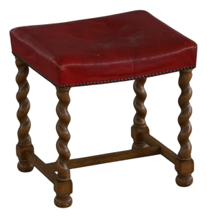 Vintage Danish Oak Barley Twist Stool with Red Leather Seat, 1930s