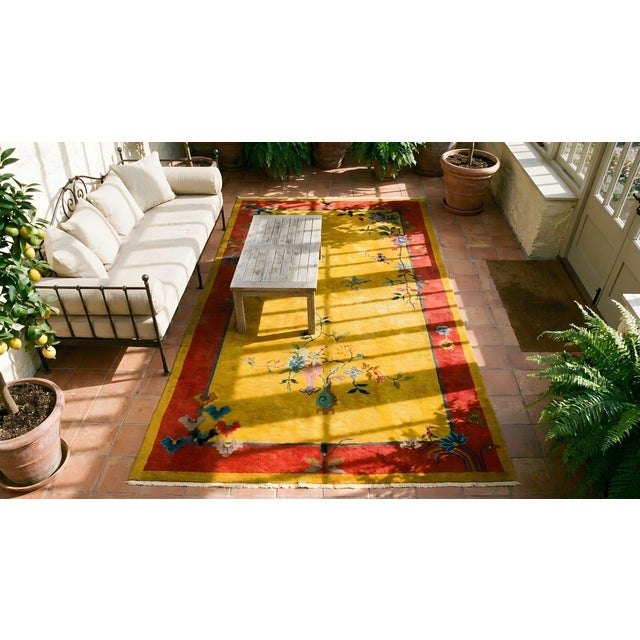 1920s Goldenrod Vase Floral Antique Chinese Art Deco Carpet 4' X 6'10" Handknotted Wool Rug For Sale - Image 15 of 15