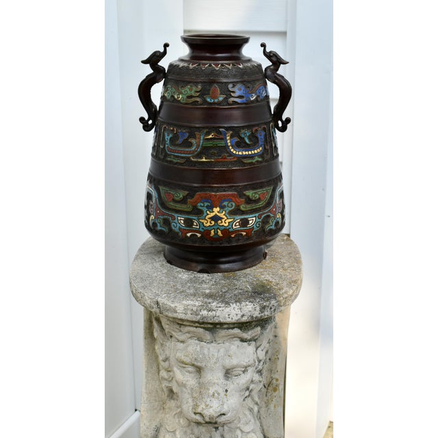 Antique Japanese Shaped Vase Bronze & Champleve Enamel Base For Sale - Image 11 of 12