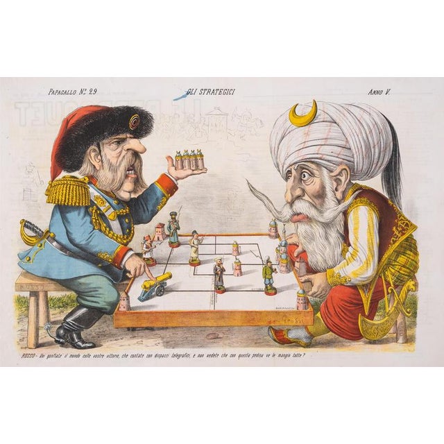 1877 Hand-Colored Russo-Turkish War Caricature by Augusto Grossi, Large Print This striking hand-coloured lithograph, Gli...