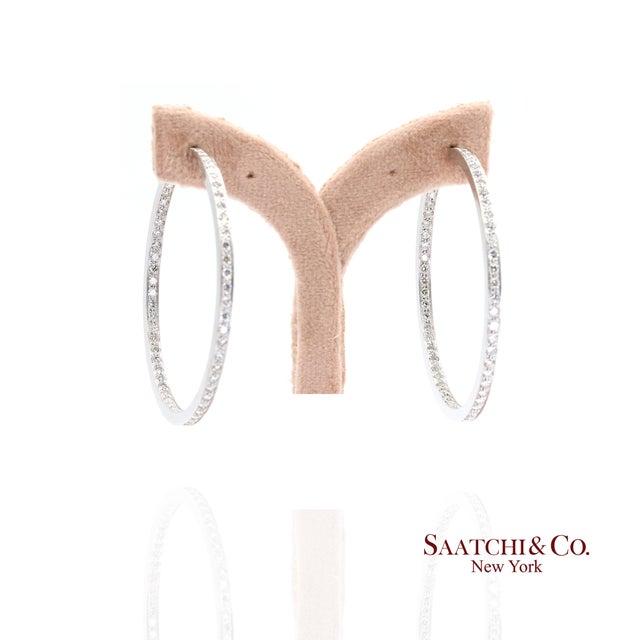 18k(750) Solid White Gold Natural Diamond Hoop Earrings in and Out Diamond For Sale - Image 9 of 10