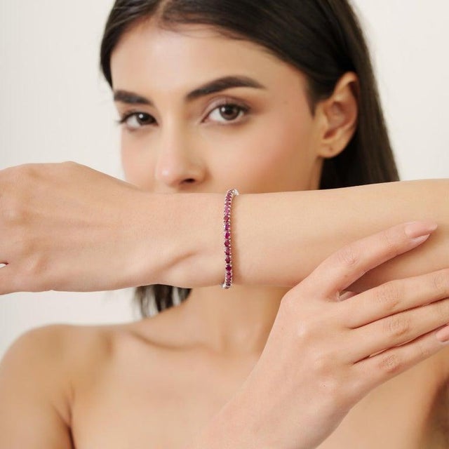 925 Sterling Silver Ruby Tennis Bracelet- Elegant Red Gemstone Fine Jewelry For Sale - Image 6 of 9