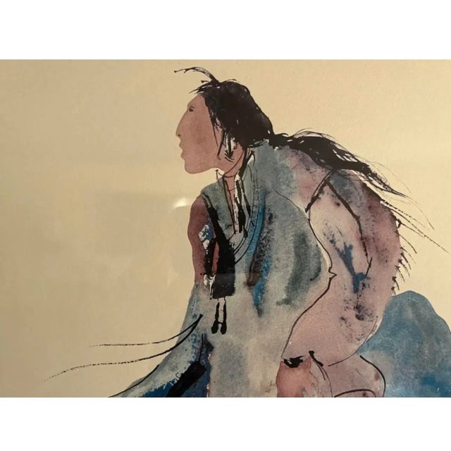 We have for your consideration a very beautiful vintage lithograph painting that depicts of a Native Americans riding...