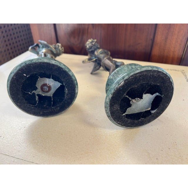 Bronze Antique Bronze on Marble Cherub Candlesticks- a Pair For Sale - Image 8 of 9