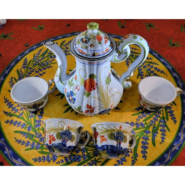 Traditional 1960s Faenza Garofano Blue Carnation Coffee Pot With Four Cups & Saucers - Set of 9 For Sale - Image 3 of 10