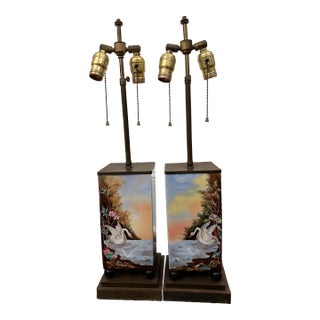 Pair of Antique 1910s Hand Painted Swan Porcelain & Bronze Table Lamps For Sale