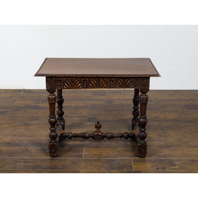 19th Century French 19th Century Walnut Side Table with Carved Apron and H-Form Stretcher For Sale - Image 5 of 12