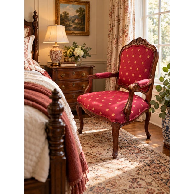 Elegant Ethan Allen carved wood armchair with a distinctly French-inspired silhouette, featuring a shaped upholstered...