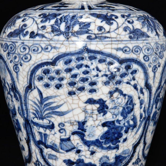 Traditional Vintage Blue and White Porcelain Meiping Vase With Figural Panels and Craquelure Glaze For Sale - Image 3 of 8
