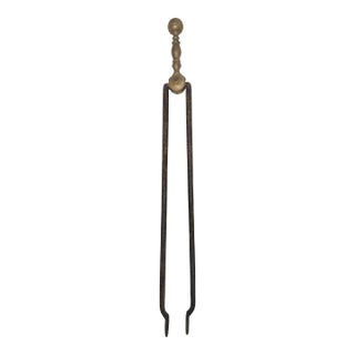 Antique 18th Century Wrought Iron Turned Brass English Fireplace Tongs Tool 4 For Sale