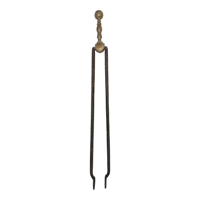 Antique 18th Century Wrought Iron Turned Brass English Fireplace Tongs Tool 4 For Sale