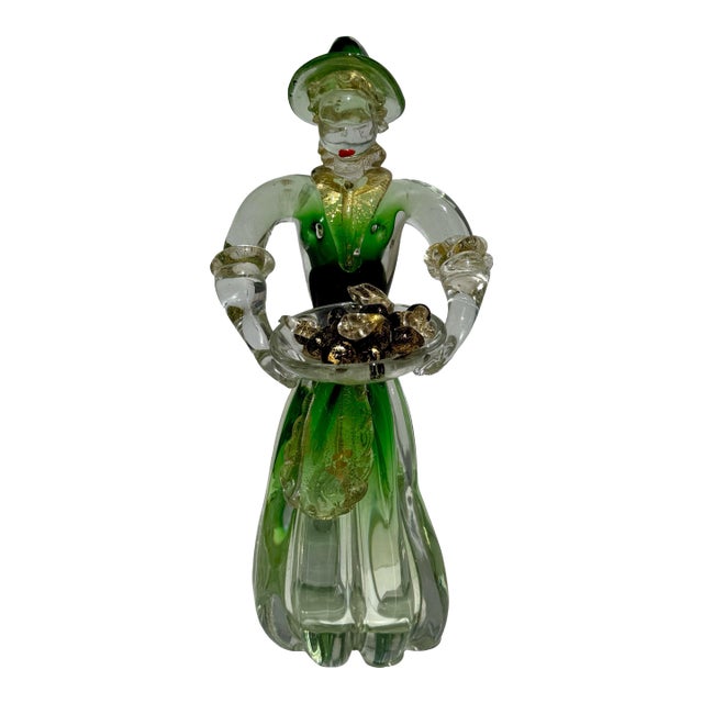 Vintage Italian Murano Glass Lady Peasant Figurine – Hand-Blown Mid-Century Venetian Green Art Glass For Sale