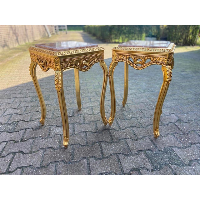 1990s French Louis XVI Gold Pink Marble Side Tables Pair For Sale - Image 14 of 17