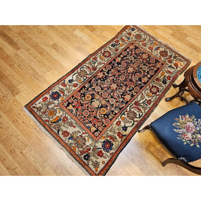 1900 - 1909 Antique Persian Malayer Area Rug, Hand-Knotted Wool, Geometric Pattern, 4x7, Navy & Ivory For Sale - Image 5 of 17