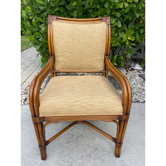 Wood Vintage Organic Modern Rattan Dining Chairs With Arms and Upholstered Seats | Set of 6 For Sale - Image 7 of 10