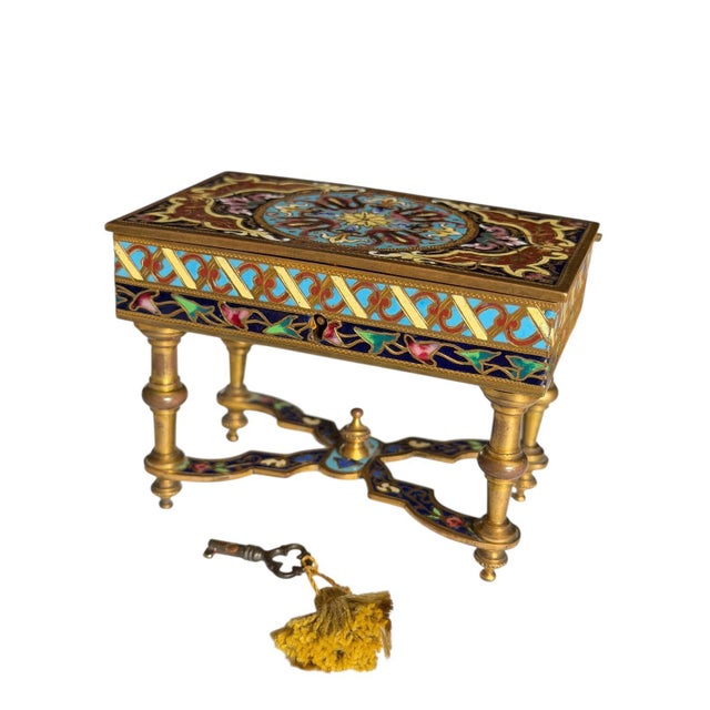 Gold Antique French Cloisonne Enamel Trinket Box With Key For Sale - Image 8 of 10