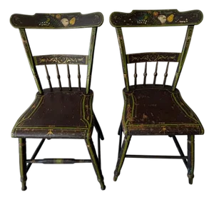 Pair of 19th Century Wooden Plank Seat Chairs With Original Stencil Work
