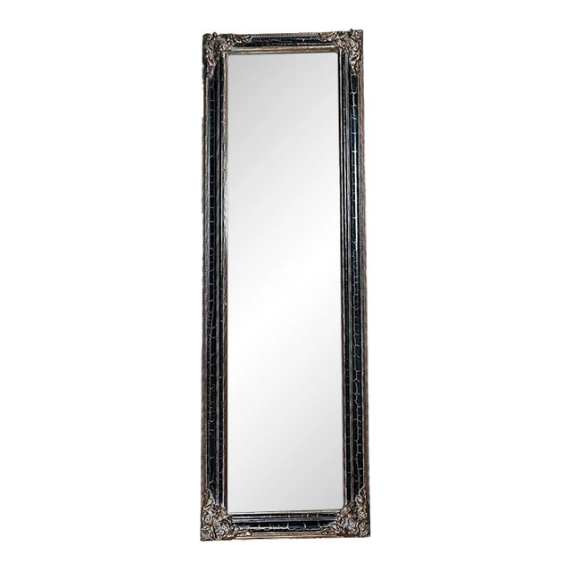 Contemporary Traditional Black Crackle Full Length Mirror With Ornate Gold Gilt Corner Accents For Sale