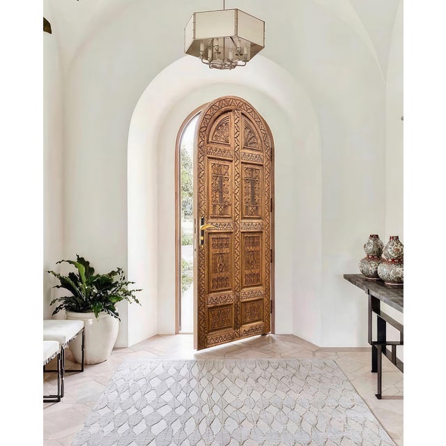 Farmhouse Hand-Carved Solid Wood Arched Door – Tribal Geometric Mediterranean Design For Sale - Image 3 of 10