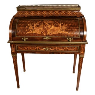 1860s Antique French Louis XV Walnut & Satinwood Inlay Cylinder Writing Desk For Sale
