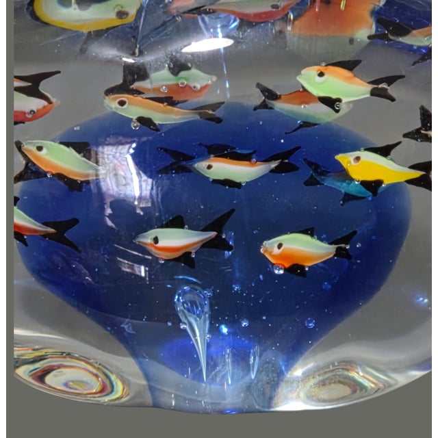 Mid-Century Modern Vintage Attributed Murano Sommerso Art Glass Fish Aquarium Large Paperweight For Sale - Image 3 of 9