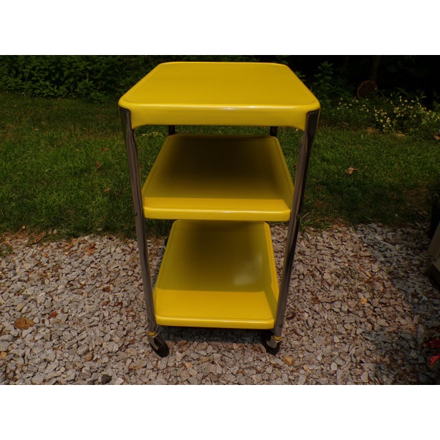 1950s Vintage Industrial Yellow Cosco Chrome Kitchen 3 Shelf Utility Cart With Wheels For Sale - Image 5 of 18