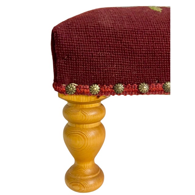 Vintage Burgundy Floral Needlepoint Footstool With Turned Pine Legs For Sale - Image 6 of 13
