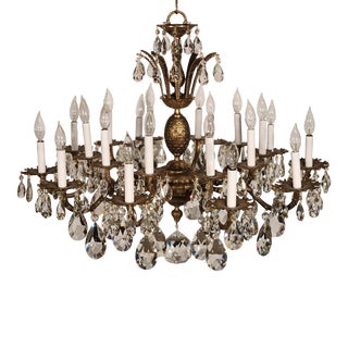 Immense Vintage French Brass Pineapple 10 Arm 20 Lite Lead Crystal Chandelier For Sale