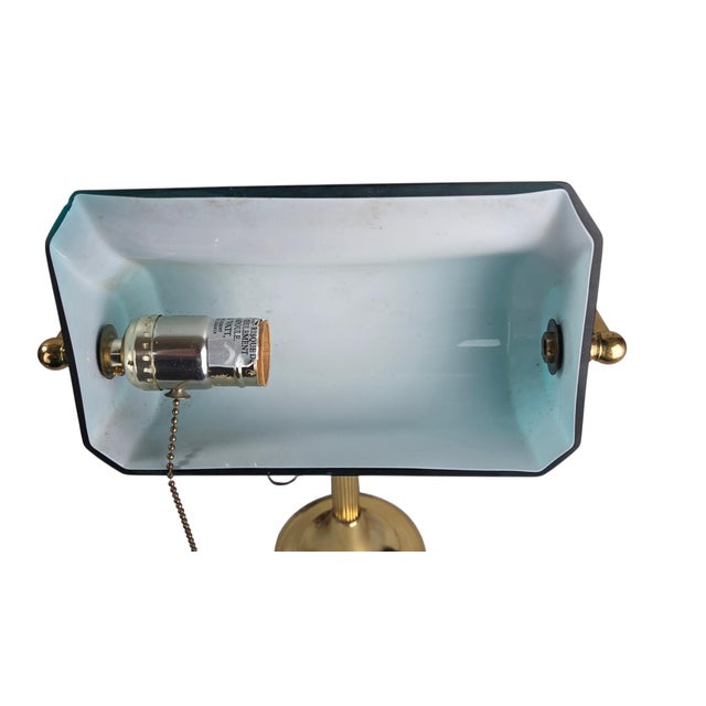1970s 1970s Mid-Century Modern Art Deco Brass and Teal Glass Banker's Desk Lamp For Sale - Image 5 of 18